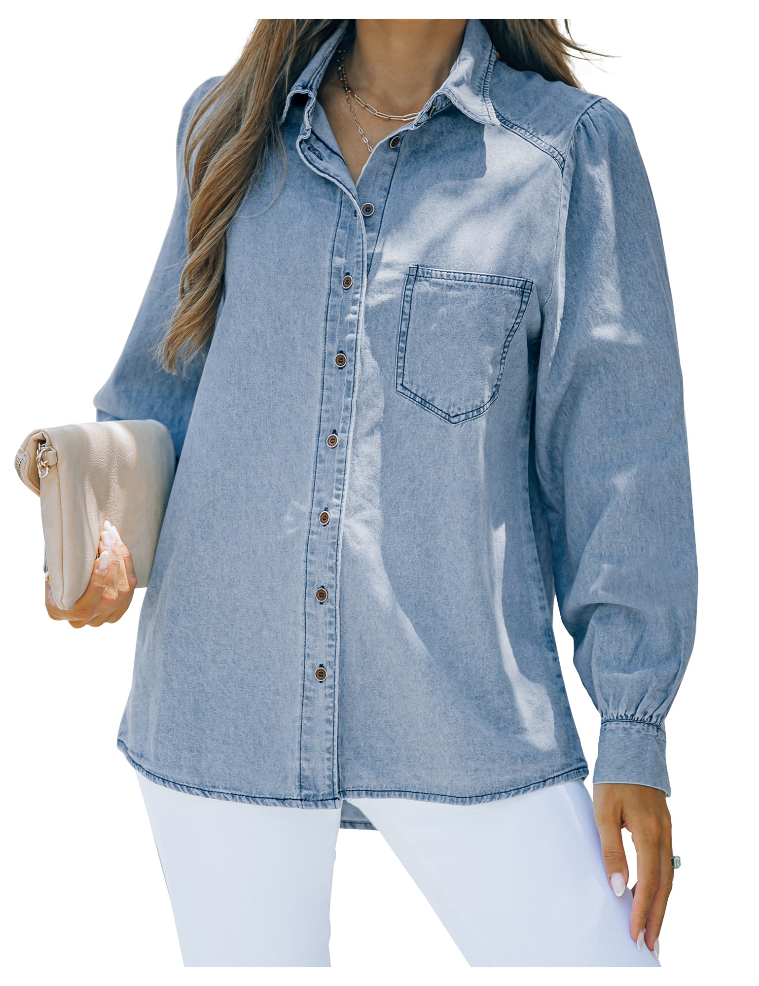 Light Blue Puff Sleeves Button-Down Button-Down Top | Lookbook Store
