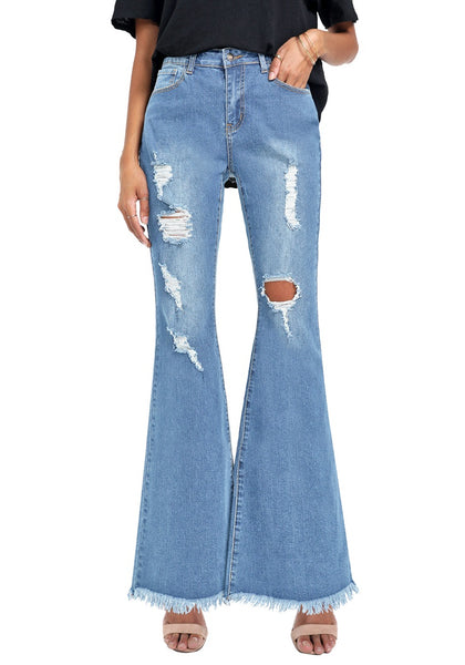 Blue Ripped Mid-Waist Flared Denim Jeans | Lookbook Store