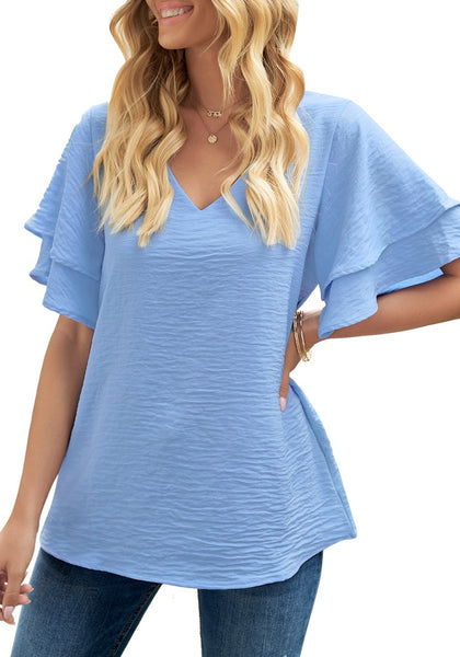 Blue Casual V-Neck Short Ruffle Sleeves Cut-Out Back Top | Lookbook Store