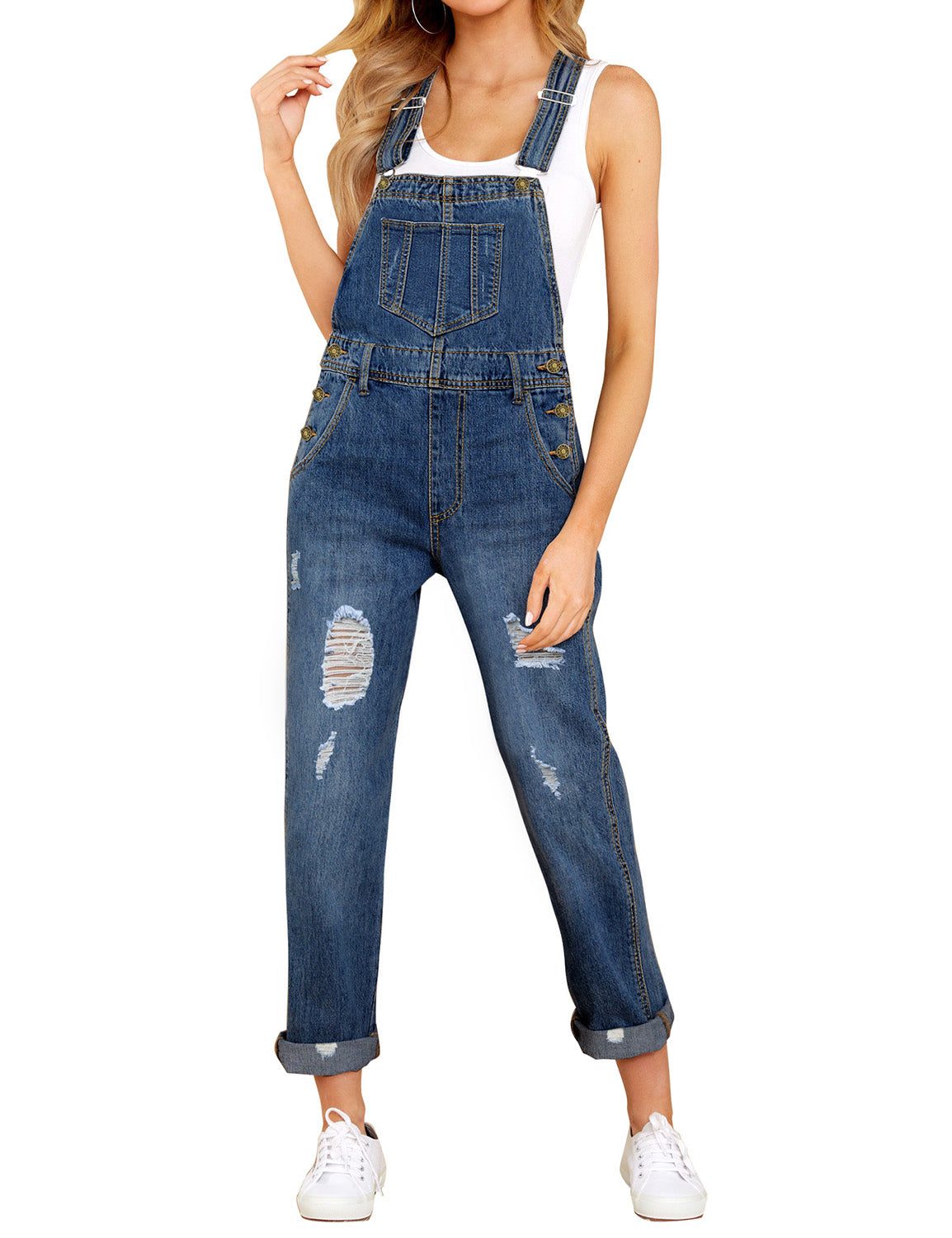 Dark Blue Cuffed Hem Ripped Bib Denim Overall Jumpsuit | Lookbook Store