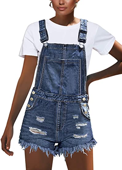 LookbookStore Women's Ripped Denim Bib Overall Shorts Raw Hem Shortall ...