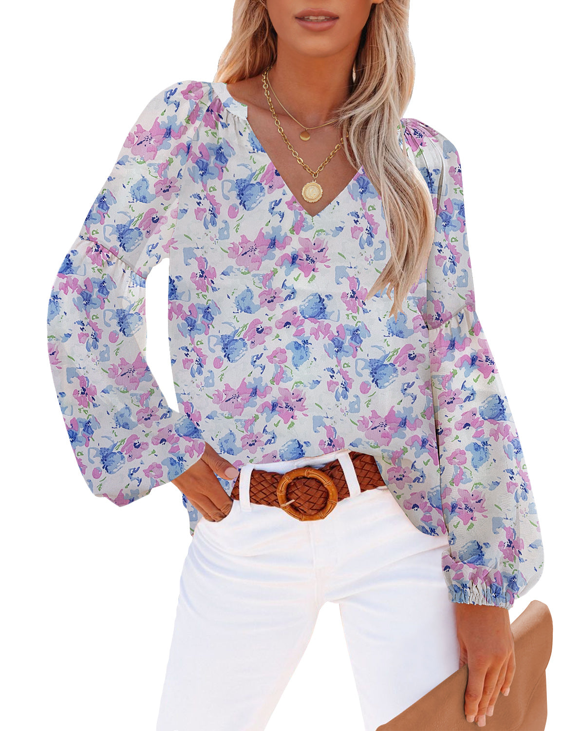 Blue Long Sleeves V-Neckline Floral-Print Boho Blouse | Lookbook Store