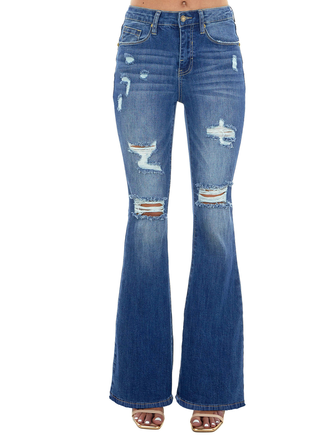 Blue High-Waist Distressed Flared Denim Jeans | Lookbook Store