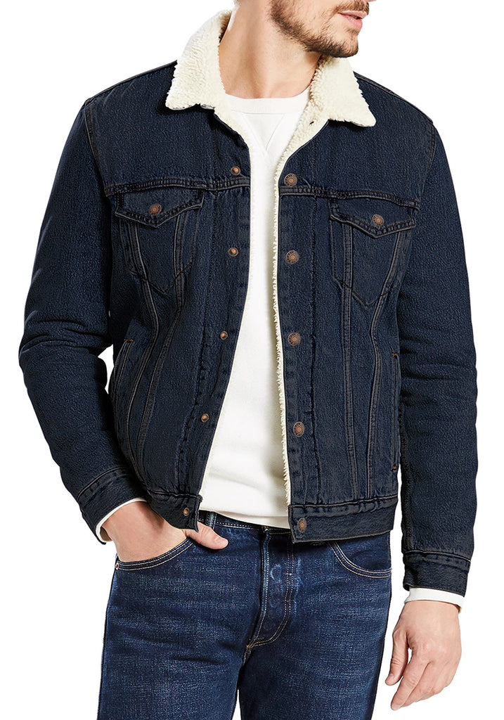 Men's Deep Blue Fleece Lapel Button Down Denim Jacket | Lookbook Store