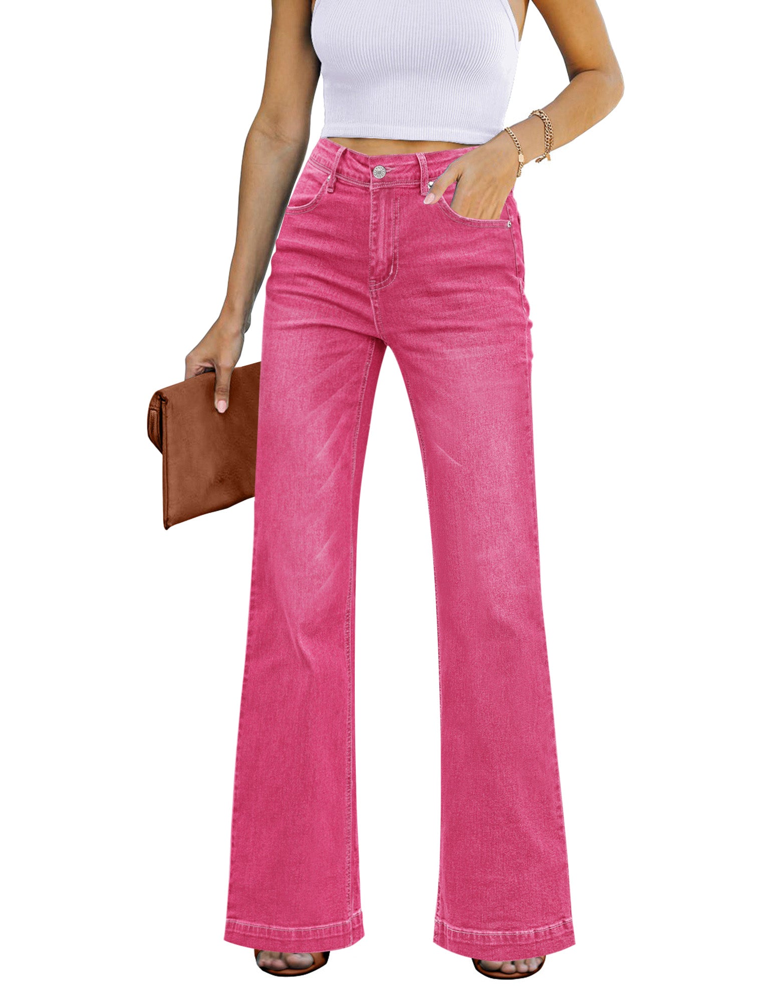 Pink Mid-Waisted Stretchable Straight Leg Denim Jeans | Lookbook Store