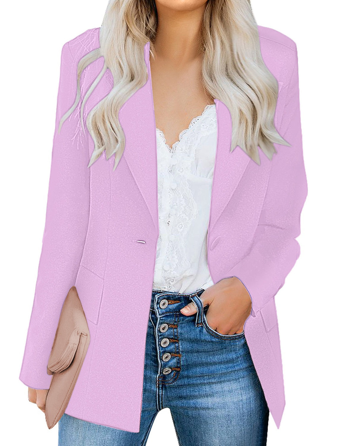 Lavender Lapel Front-Button Side-Pockets Blazer | Lookbook Store