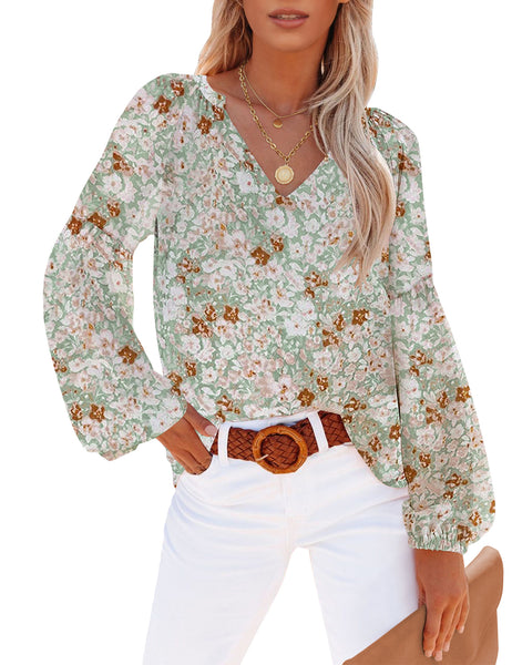 Green Long Sleeves V-Neckline Floral-Print Boho Blouse | Lookbook Store