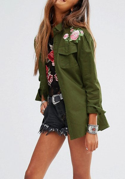 Army Green Floral-Embroided Shoulder Shirt | Lookbook Store