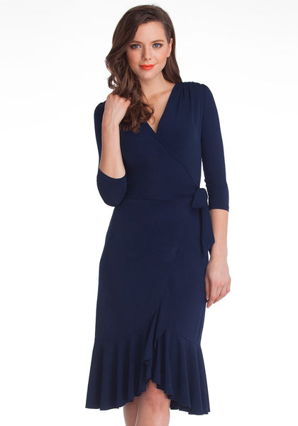 Navy Blue Asymmetrical Ruffled Wrap Dress | Lookbook Store