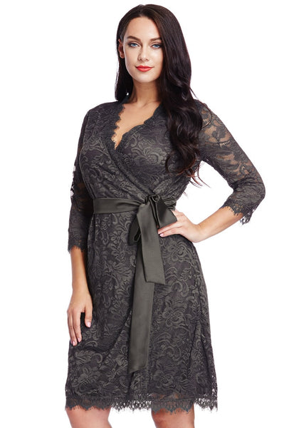 Plus Size Grey Lace Crop Sleeves Wrap Dress | Lookbook Store