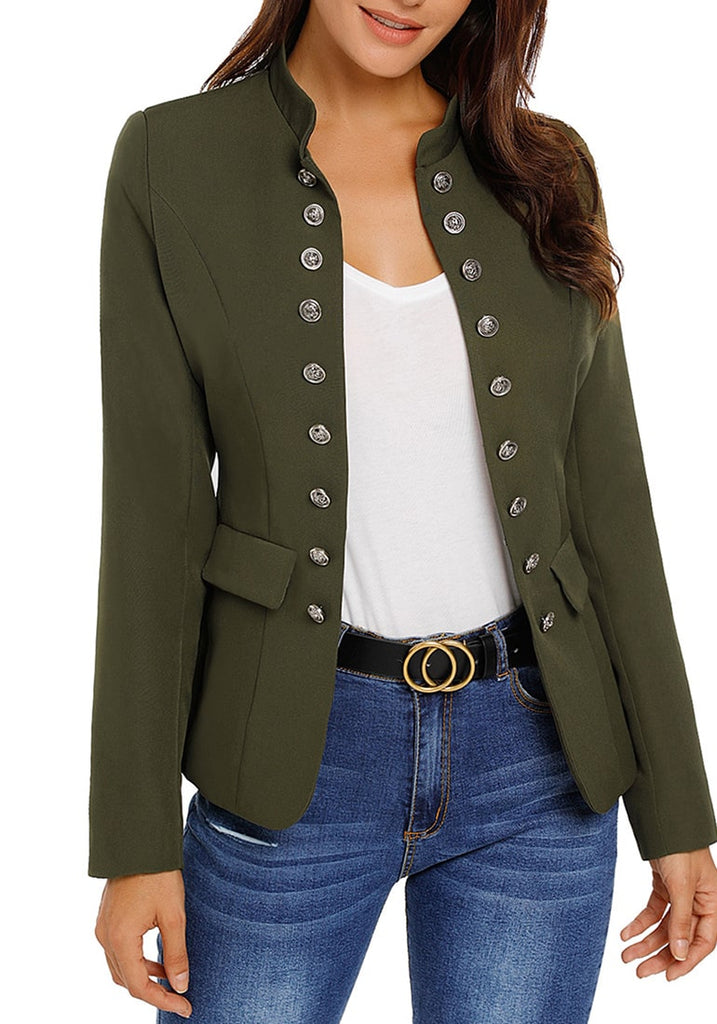 Army Green Stand Collar Open-Front Blazer | Lookbook Store