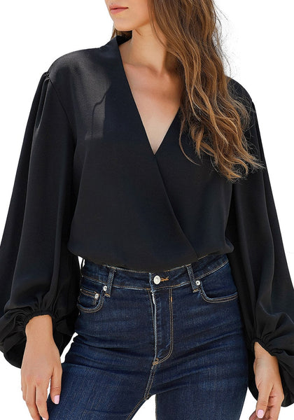 Black Lantern Sleeves Oversized Surplice Bodysuit | Lookbook Store