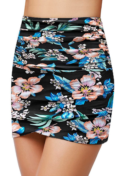 Black Floral-Print High-Waist Tulip Hem Ruched Swim Skirt | Lookbook Store