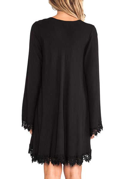 Black Lace Trim Long Sleeves Shift Dress | Lookbook Store