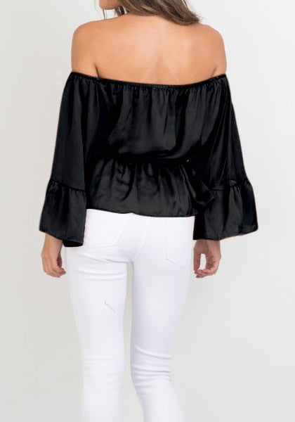 Black Off-Shoulder Flared Sleeves Belted Blouse | Lookbook Store