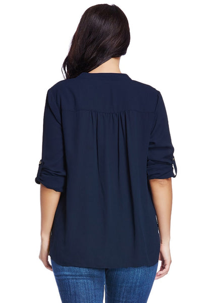 Plus Size Navy Blue Mandarin Collar Surplice Shirt | Lookbook Store