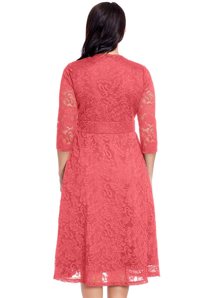 Plus Size Coral Lace Surplice Midi Dress | Lookbook Store
