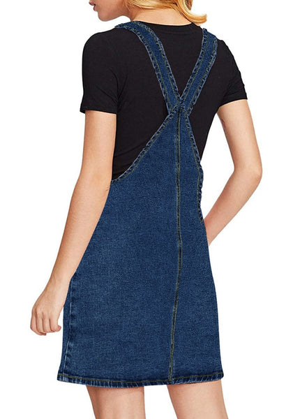 Dark Blue Side Pockets Overall Denim Pinafore Dress | Lookbook Store