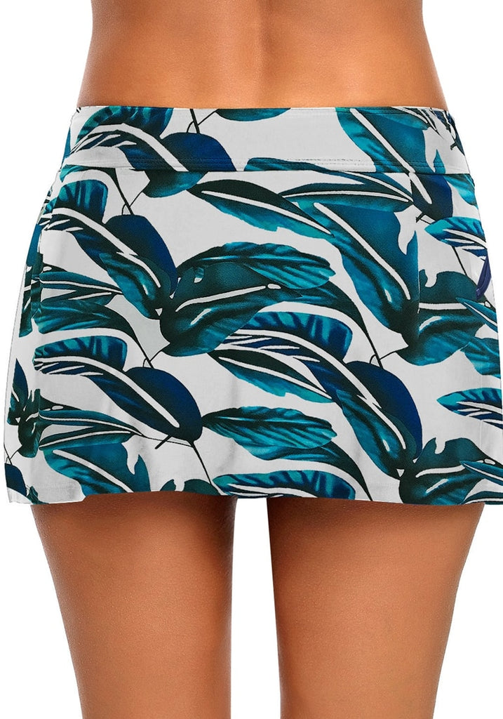 Blue Zipper-Pocket Waistband Leaves-Print Skirted Bikini Bottom ...