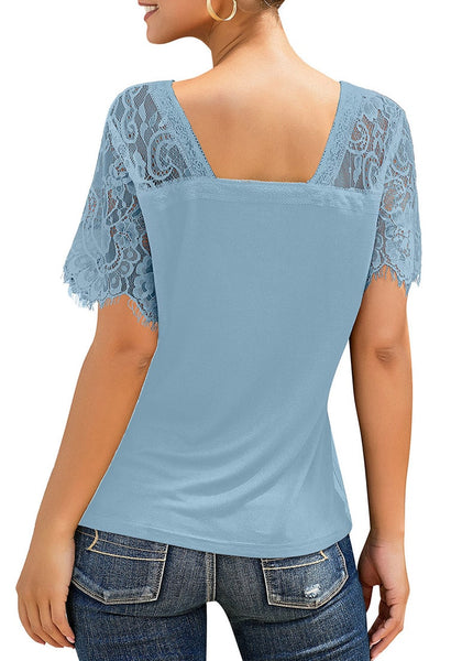 Sky Blue Crochet Lace Short Sleeves V-Neckline Top | Lookbook Store