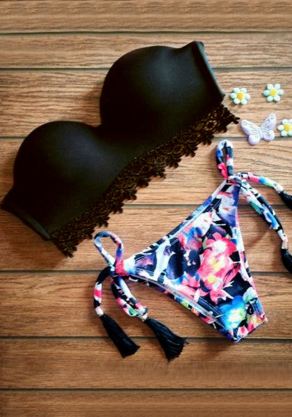 Black and Floral-Print Bikini Set | Lookbook Store