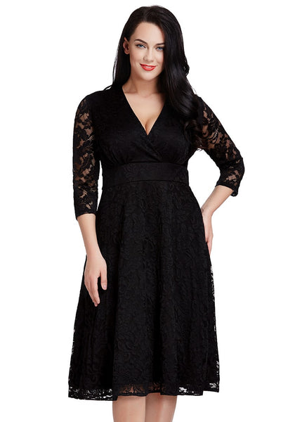 Plus Size Black Lace Surplice Midi Dress | Lookbook Store