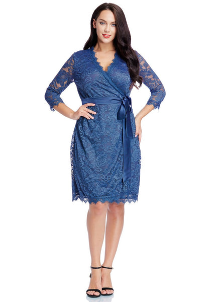 Plus Size Blue Lace Crop Sleeves Wrap Dress | Lookbook Store