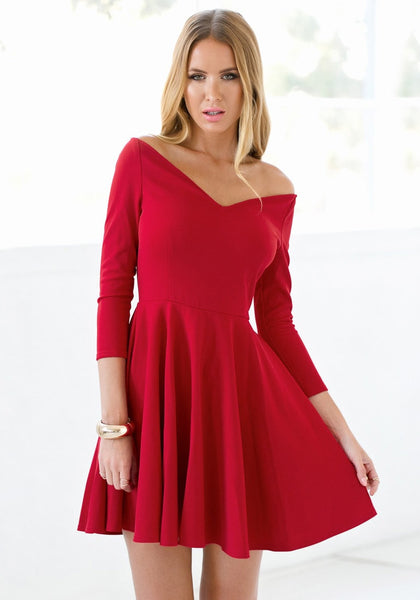 Red Bardot Neck A-Line Dress | Lookbook Store