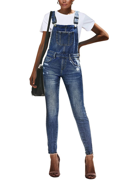 Dark Blue Ripped Denim Skinny Jeans Bib Overall | Lookbook Store