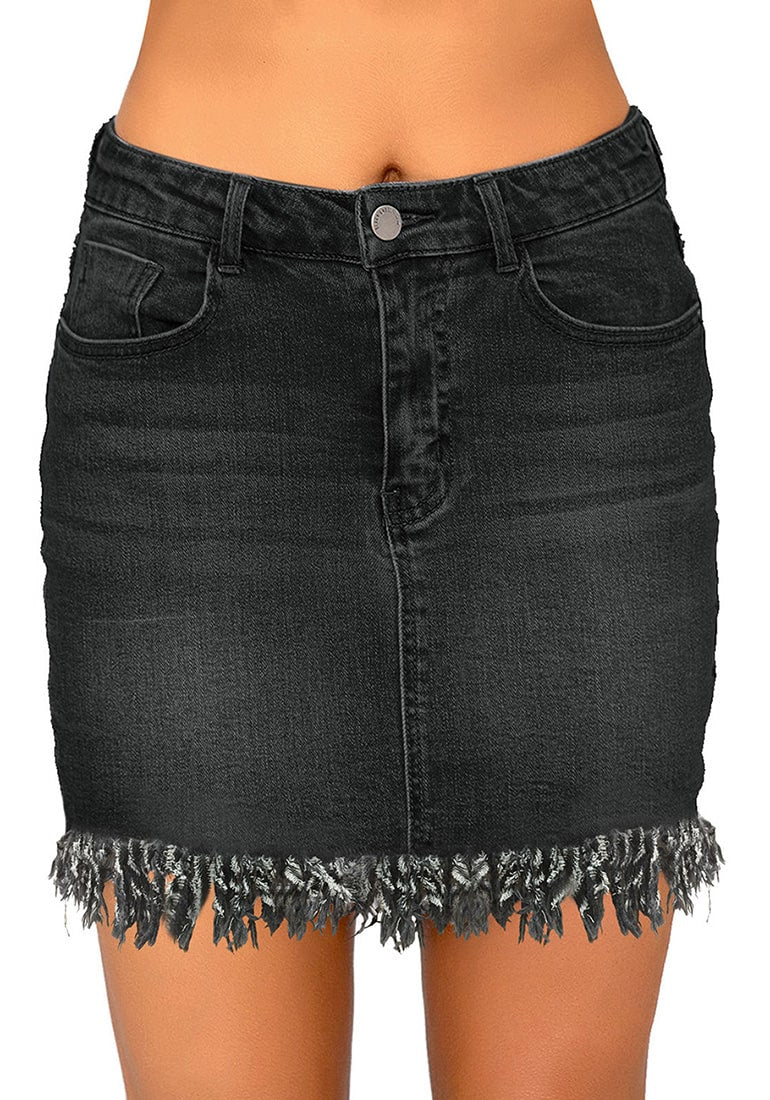 Black Frayed Hem Washed Denim Mini Skirt | Lookbook Store