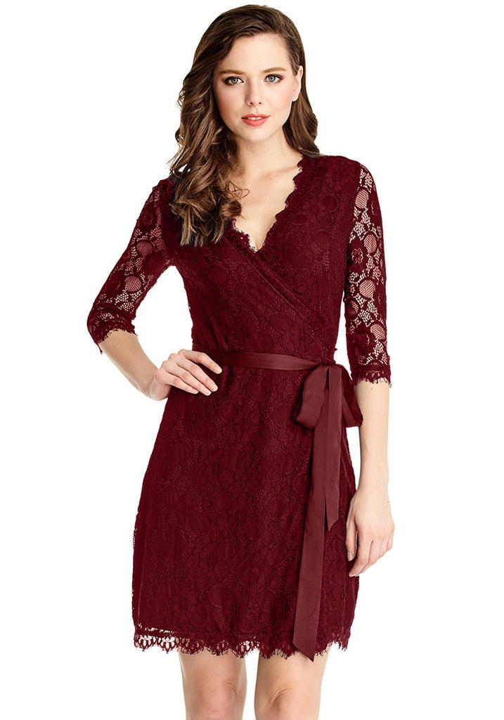 Burgundy Lace Overlay Plunge Wrap-Style Dress | Lookbook Store