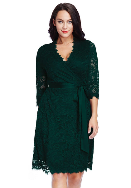Plus Size Deep Green Lace Crop Sleeves Wrap Dress | Lookbook Store