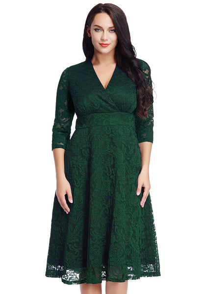 Plus Size Green Lace Surplice Midi Dress | Lookbook Store