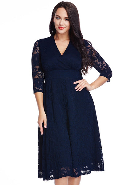 Plus Size Navy Lace Surplice Midi Dress | Lookbook Store