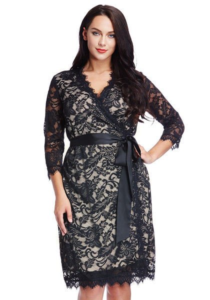Plus Size Neutral Lace Crop Sleeves Wrap Dress | Lookbook Store