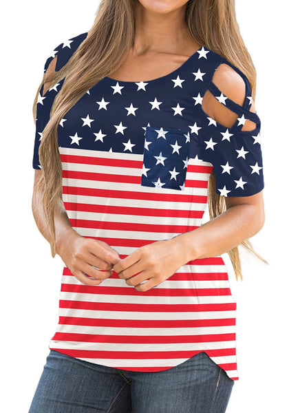 American Flag Crisscross Cutout Shoulder Blouse | Lookbook Store