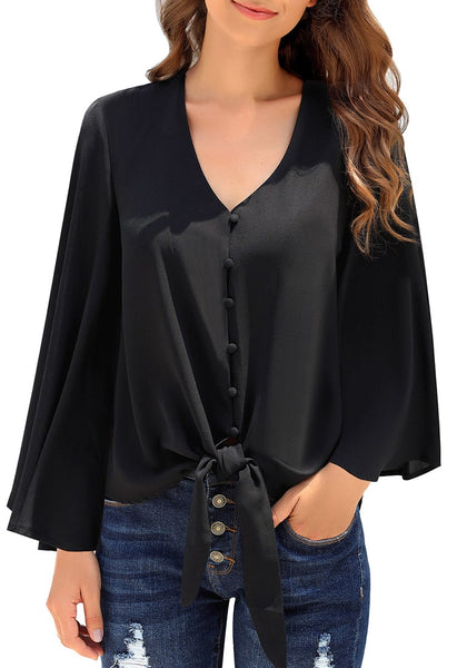 Black V-Neckline Button-Up Tie-Front Long Sleeve Loose Top | Lookbook Store