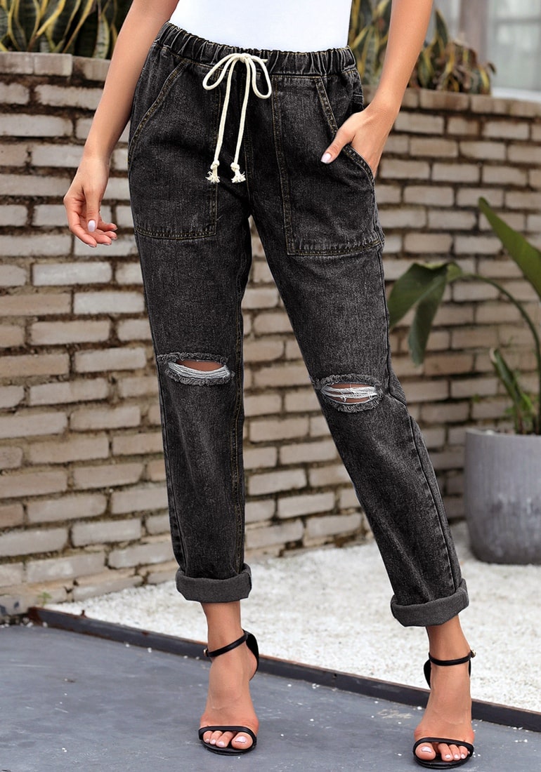 Black Drawstring-Waist Cuffed Ripped Boyfriend Jeans – Lookbook Store