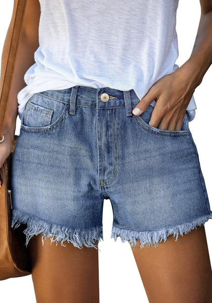 Blue Frayed Hem Denim Washed Jeans Shorts | Lookbook Store