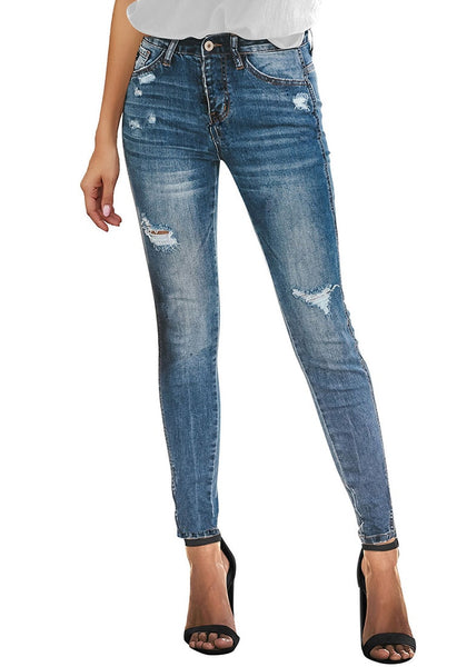 Blue High-Rise Ripped Skinny Denim Jeans | Lookbook Store