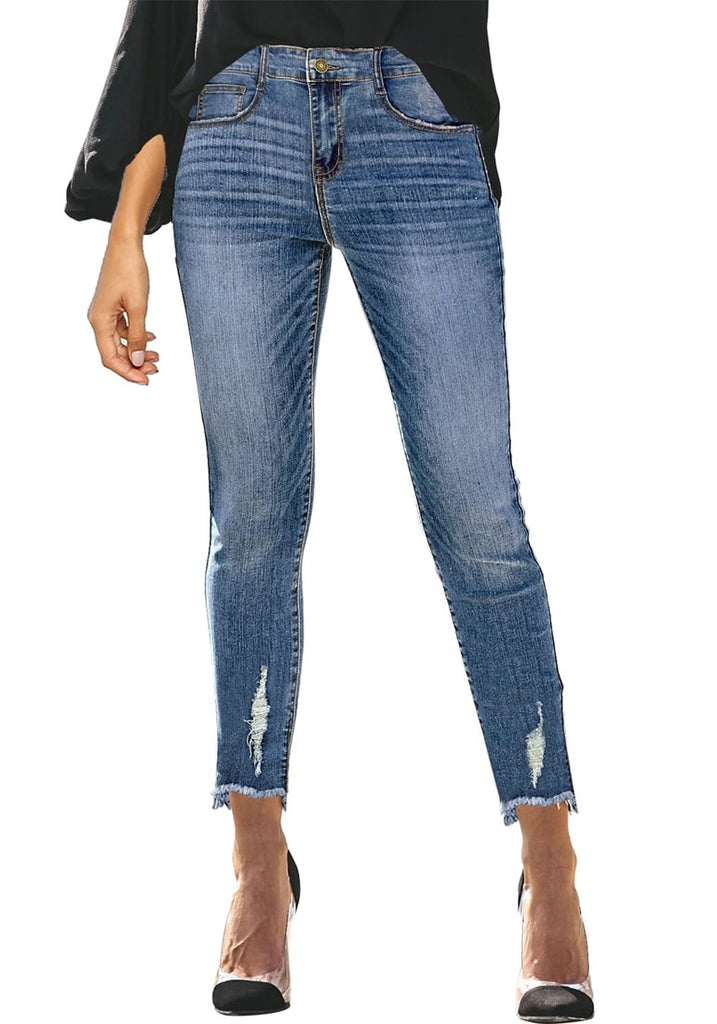 Blue Mid-Waist Raw Hem Ripped Cropped Denim Jeans | Lookbook Store