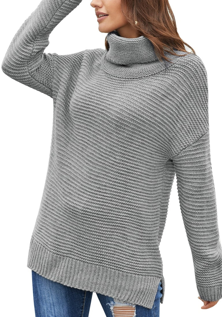 Grey Side Slit Turtleneck Textured Knit Sweater | Lookbook Store