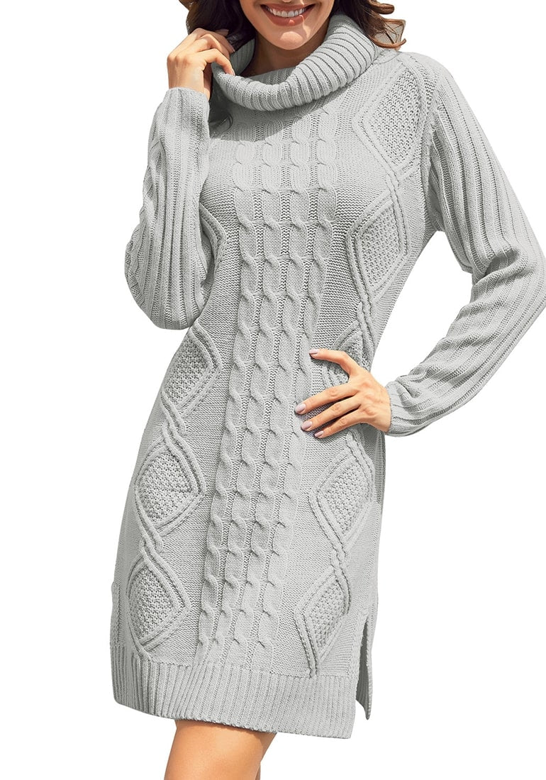 Grey Turtleneck Cable Knit Side Slit Pullover Sweater Dress | Lookbook ...