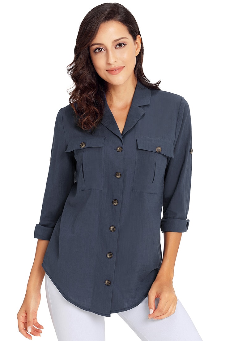 Navy Blue Long Cuffed Sleeves Lapel Button-Up Blouse | Lookbook Store