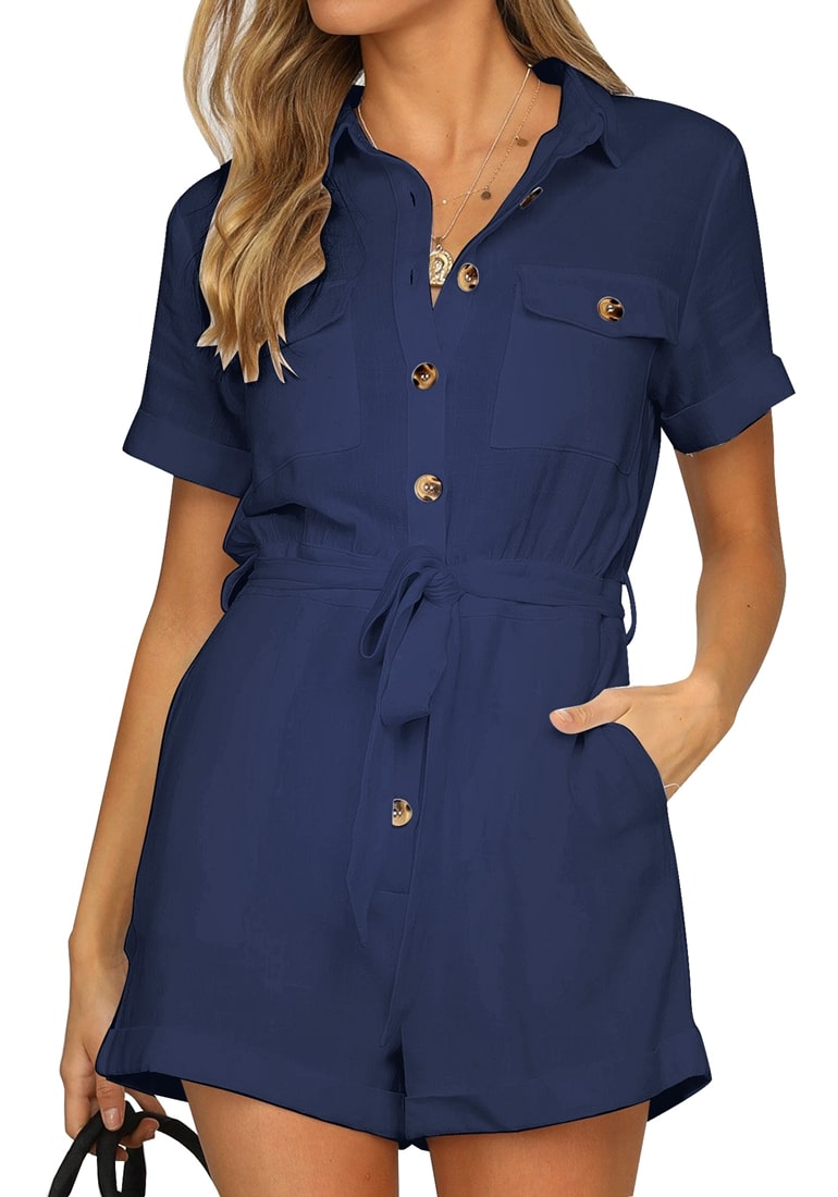 Navy Blue Button-Down Belted Rompers Lookbook