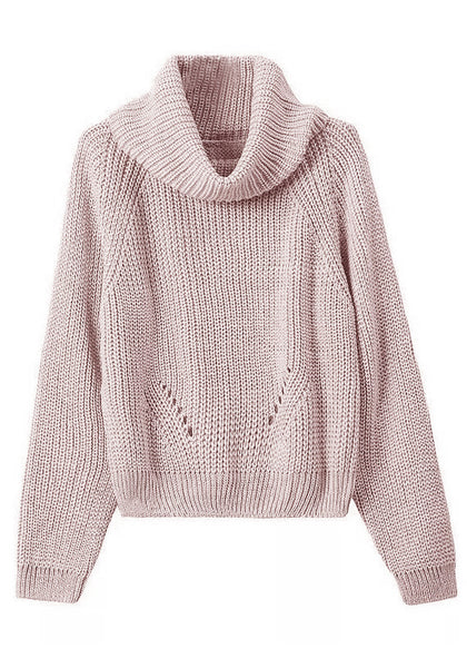Front view of pink cropped cowl neck sweater