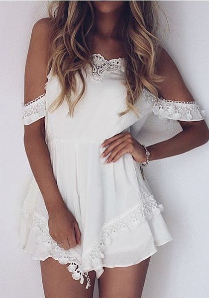 White Cold Shoulder Lace Trim Romper | Lookbook Store