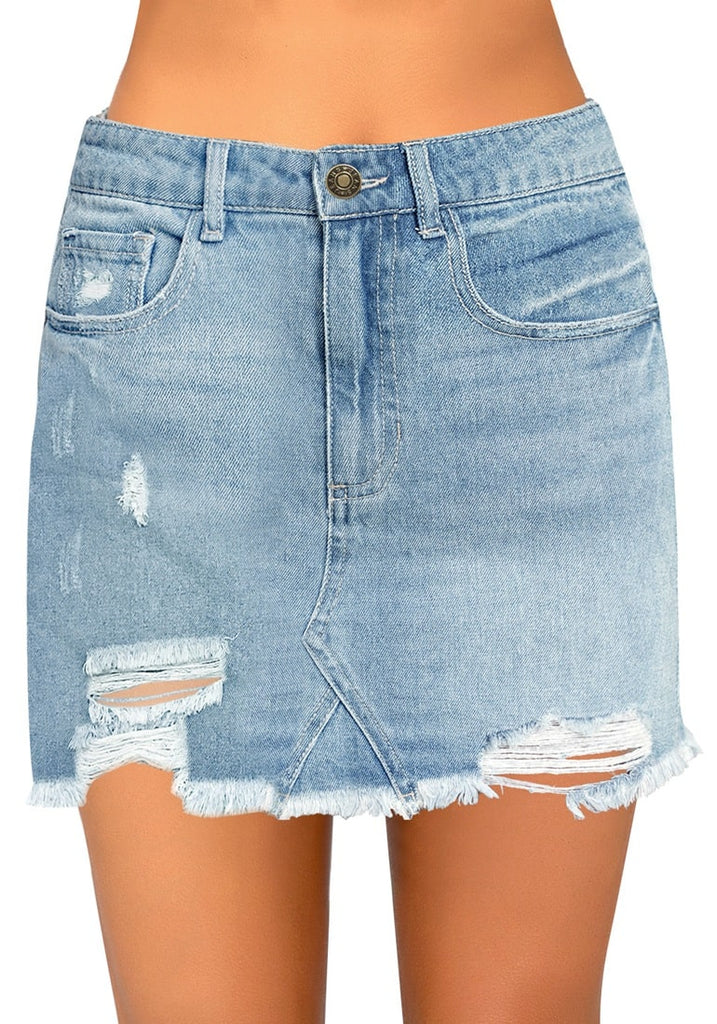 Light Blue Raw Hem Distressed Denim Mini Skirt | Lookbook Store