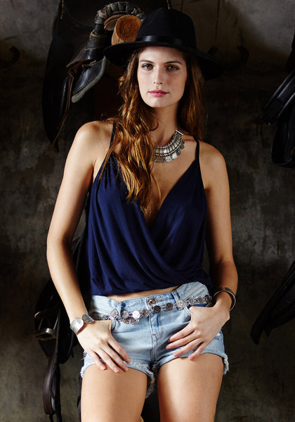 Dark Blue Surplice Cami Top | Lookbook Store