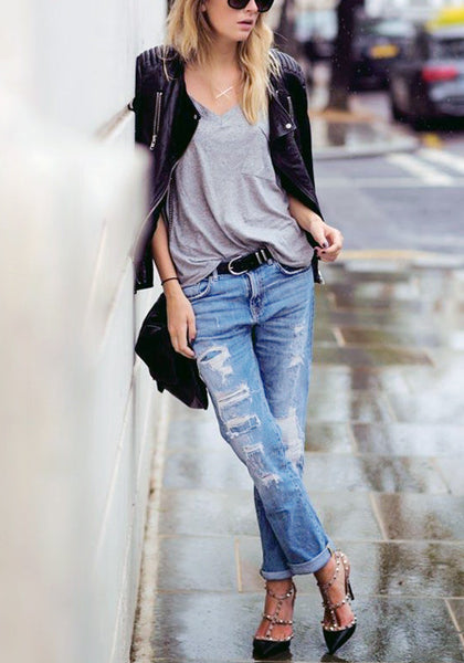 Distressed Straight Leg Boyfriend Jeans | Lookbook Store